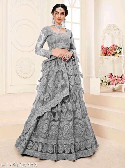 Embroidered Semi Stitched Lehenga Choli (Grey)