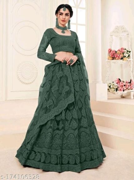 Embroidered Semi Stitched Lehenga Choli (Dark Green)
