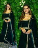Kriti Sanon Style Dark Green Velvet Long Gown