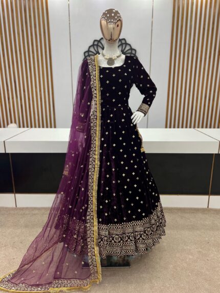 Party Wear Look Heavy Viscos Velvet With Heavy Embroidery Sequence Work Gown With Dupatta