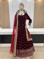 Dark Maroon Embroidery Work Viscose Velvet Lehenga Choli - Buy Online in Sri Lanka