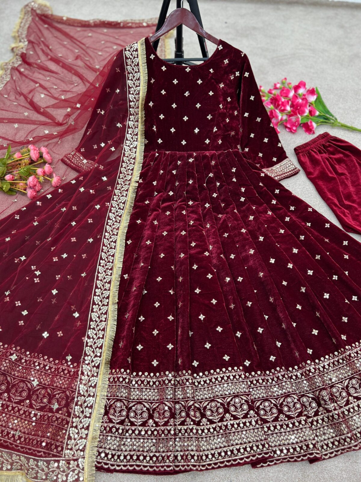 Dark Maroon Embroidery Work Viscose Velvet Lehenga Choli - Buy Online in Sri Lanka