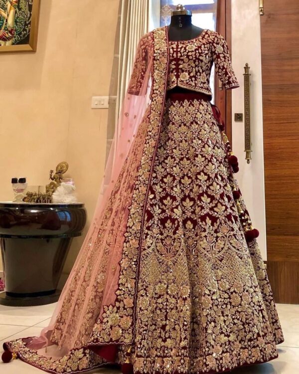Maroon Embroidered work Velvet lehenga choli set with Dupatta - Stylish and elegant