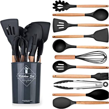 Silicone kitchen utensils wooden handle black