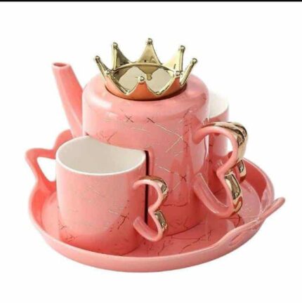 Ceramic couple mugs with tea pot and tray