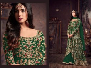 Georgette Embroidered Semi Stitched Party Wear Gowns Dark Green - Lehenga Price in Sri Lanka - Lehenga Designs in Sri Lanka