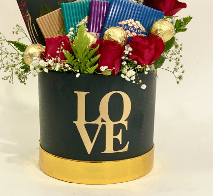 Luxury Chocolate and Red Rose Hatbox Bouquet